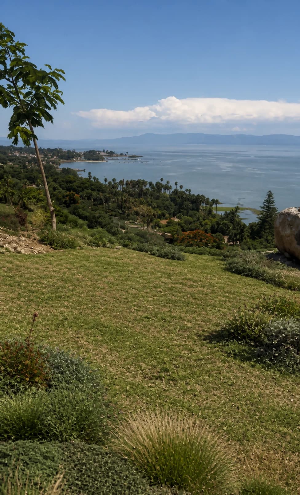 Vista al Lago de Chapala desde una ladera con paisajismo conceptual